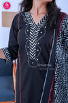 Noir Elegance Black with White Prints and Maroon Cotton Suit Set-SWRM672