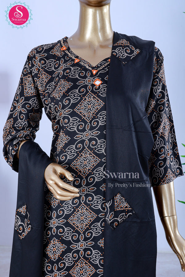 Elegant black printed kurta set and matching duppata- SWRM714