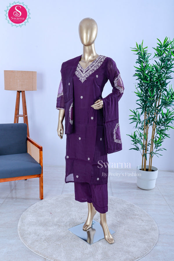 Royal Plum Chanderi Cotton Suit Set-SWRM260