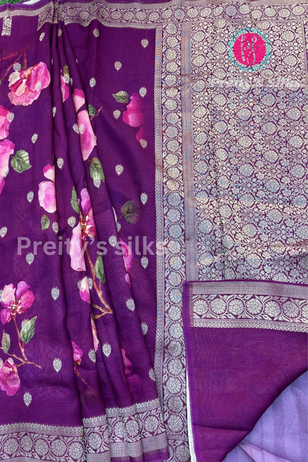 Tussar Silk Saree with Floral Print-PF58917