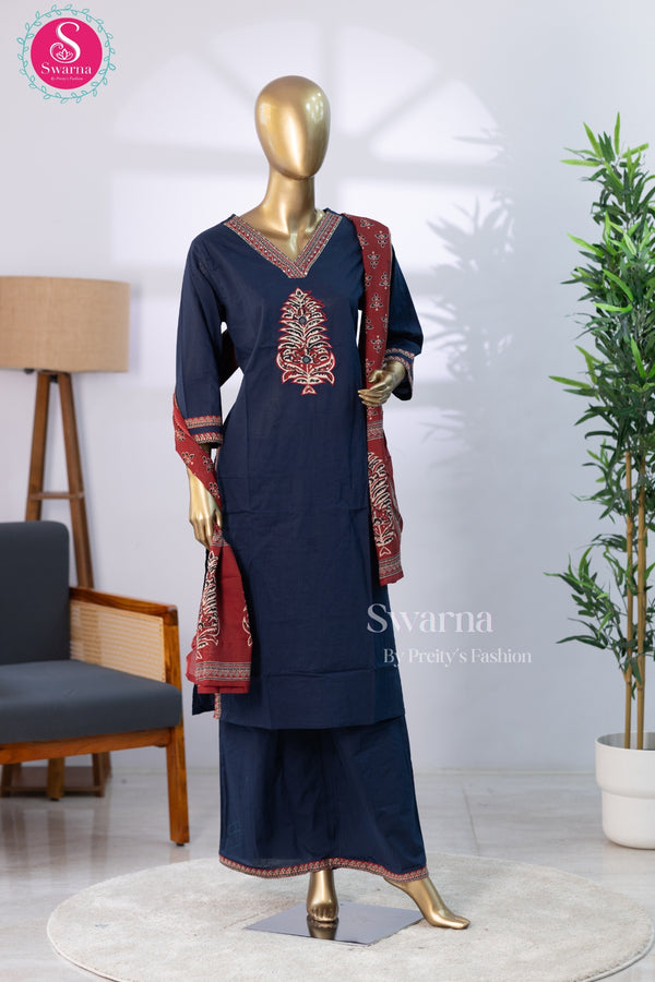 Midnight Grace Navy Blue Cotton Suit Set-SWRM647