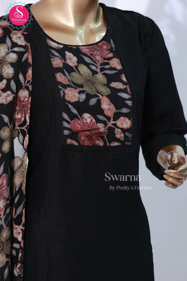 Midnight Bloom Black with Blush Pink Viscose Georgette Suit Set-SWRM689