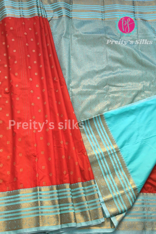 Semi Kanchipuram Silk Saree -Red with Skyblue-PA39339