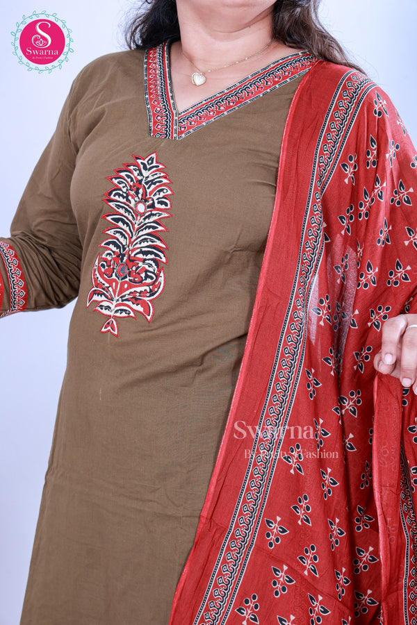 Earth Charm Olive Brown with Rust Red Printed Dupatta Cotton Suit Set-SWRM659