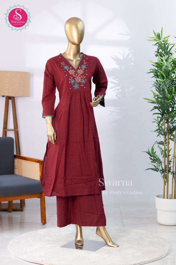 Maroon Blossom Cotton Suit Set- SWRM125