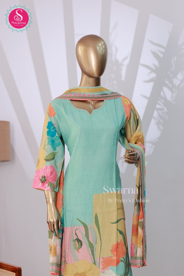 Aqua Floral PREMIUM Chanderi Cotton Blend Suit Set-SWBL257