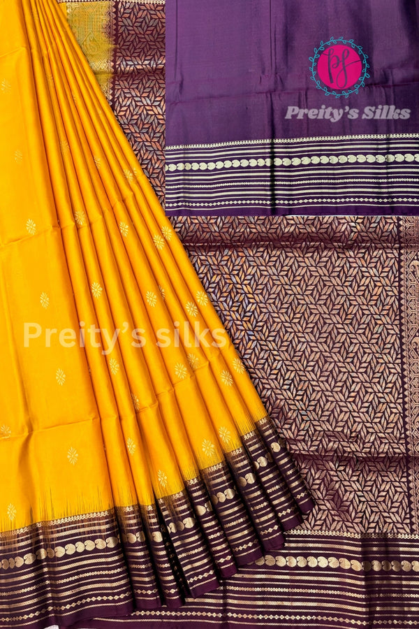 Pure Kanchipuram Silk Saree- Mustardyellow And Deepwine-PF28853