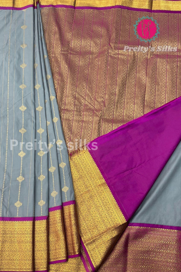 Semi Kanchipuram Silk Saree -Grey with Purple-PA39339