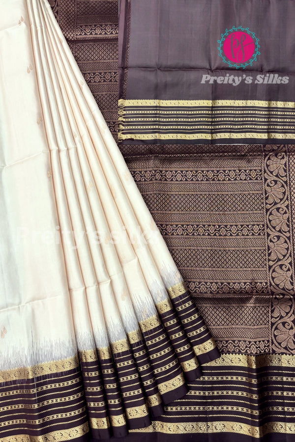 Pure Kanchipuram Silk Saree- White And Deepbrown-PF28853