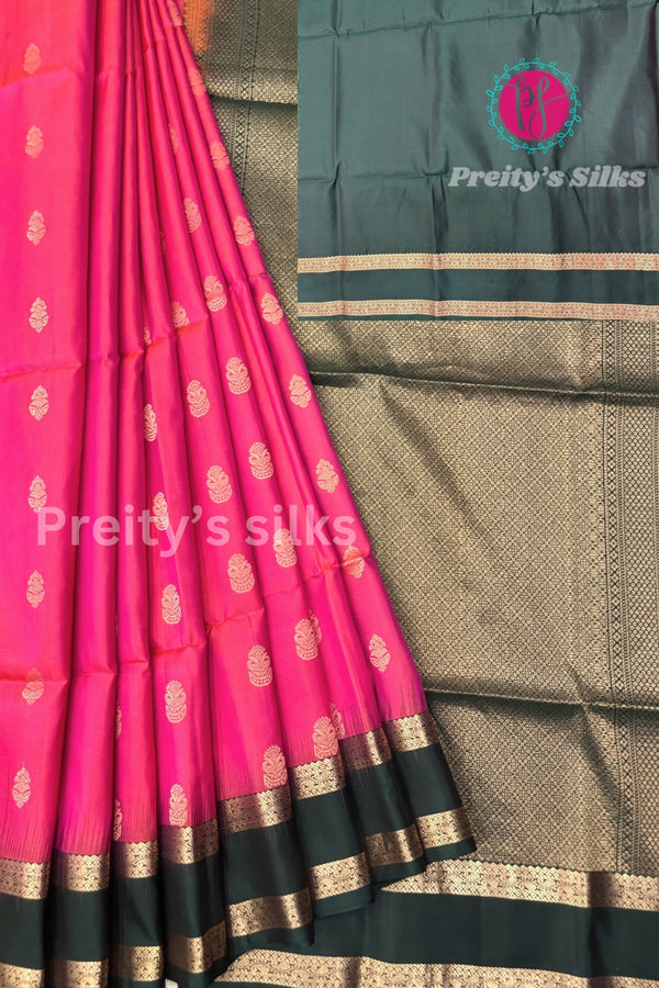 Pure Kanchipuram Silk Saree- Pink And Bottlegreen-PF28853
