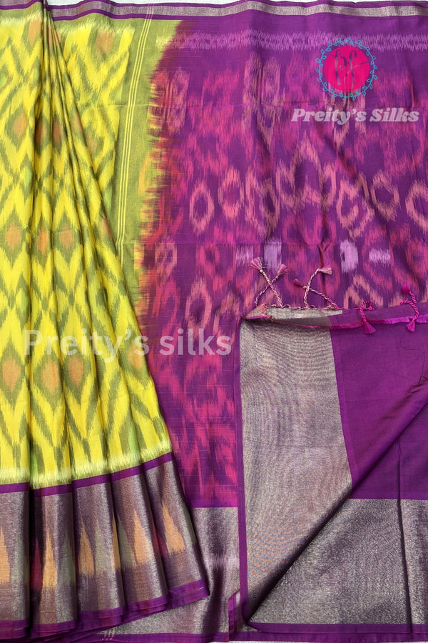 Semi Ikkat Pochampally Silk Saree-PA03525-Olivegreen And Mejentapink