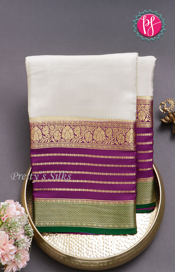 Pure Mysore Crepe Silk saree-White And Purple-PF45500