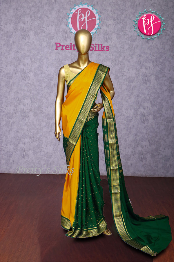 Pure Mysore Crepe Silk Saree -Mustardyellow And Bottlegreen-PA10699