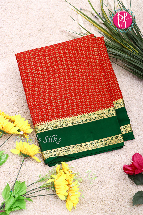 Pure Mysore Crepe Silk Saree -Rustorange And Green-PF86046