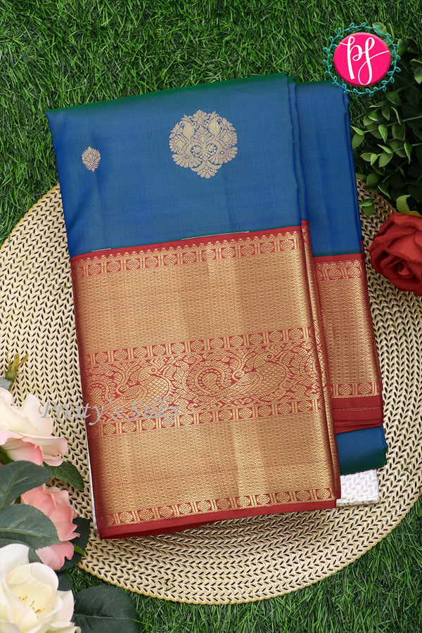 Pure Kanchipuram Silk Saree-Peacockblue And Red-PA23514