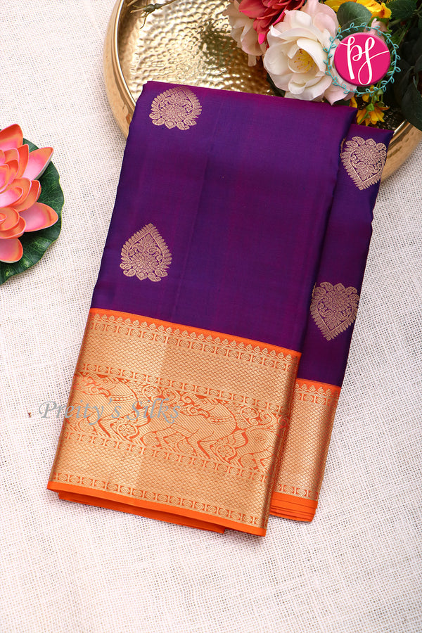Pure Kanchipuram Silk Saree-Purple And Orange-PF81242