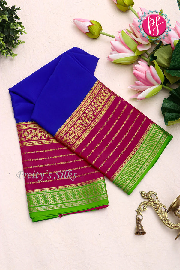 Pure Mysore Crepe Silk Saree -Royalblue And Pink Green-PA01213