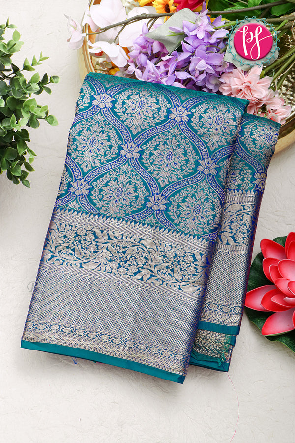 Pure Kanchipuram Silk Saree-Peacockblue-PA04481