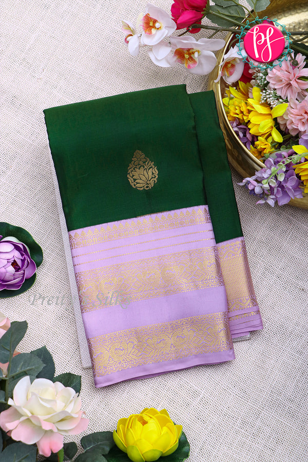 Half Pure Kanchipuram Silk Saree-Bottle Green And Lightlavender-PA25832