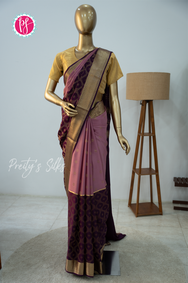 Pure Mysore Crepe Silk Saree-Half And Half pattern-Mauve And Deepwine- PA56238