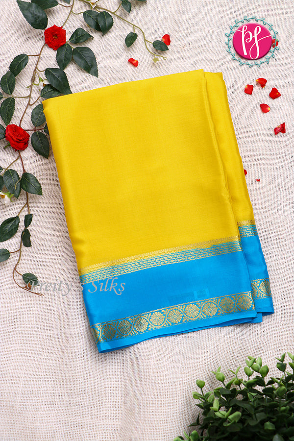 Pure Mysore Crepe Silk Saree-Yellow And Skyblue-PF82478