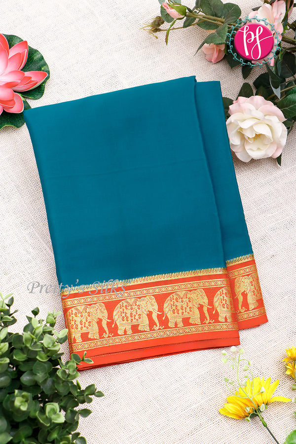 Pure Mysore Crepe Silk Saree-Contrast-Tealblue And Orange-PA19804