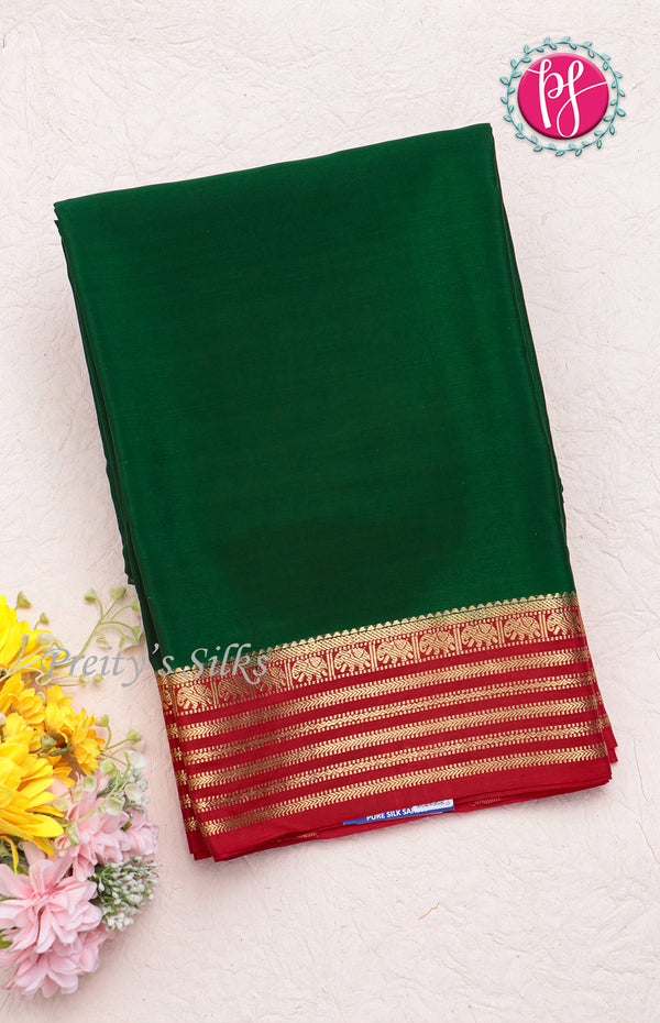 Pure Mysore Crepe Silk Saree-Green And Red-PF66896