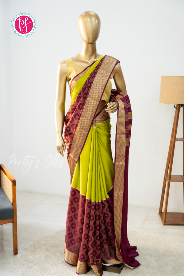 Pure Mysore Crepe Silk Saree-Half And Half pattern-Olivegreen And Deepwine-PA56238
