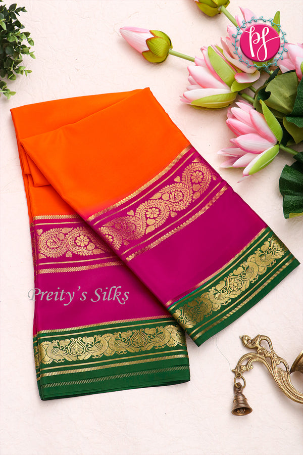 Pure Mysore Crepe Silk Saree -Orange And Pink BottleGreen -PA01239