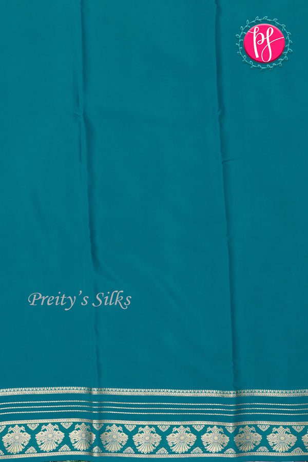 Pure Mysore Crepe Silk Saree-Olivegreen And Tealblue-PeacockBorder-PA26542