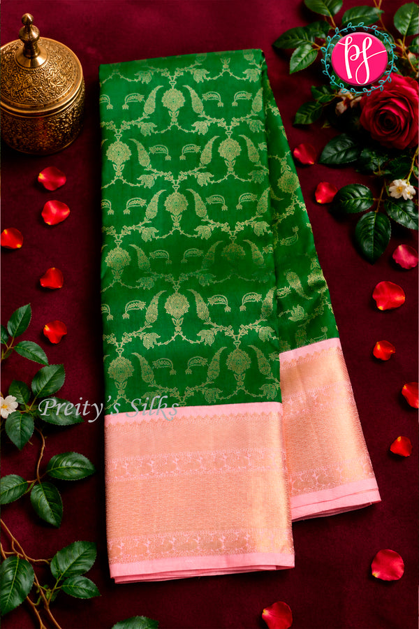 Pure Brocade Kanchipuram Silk Saree-Green And Pastelpink-PA26193