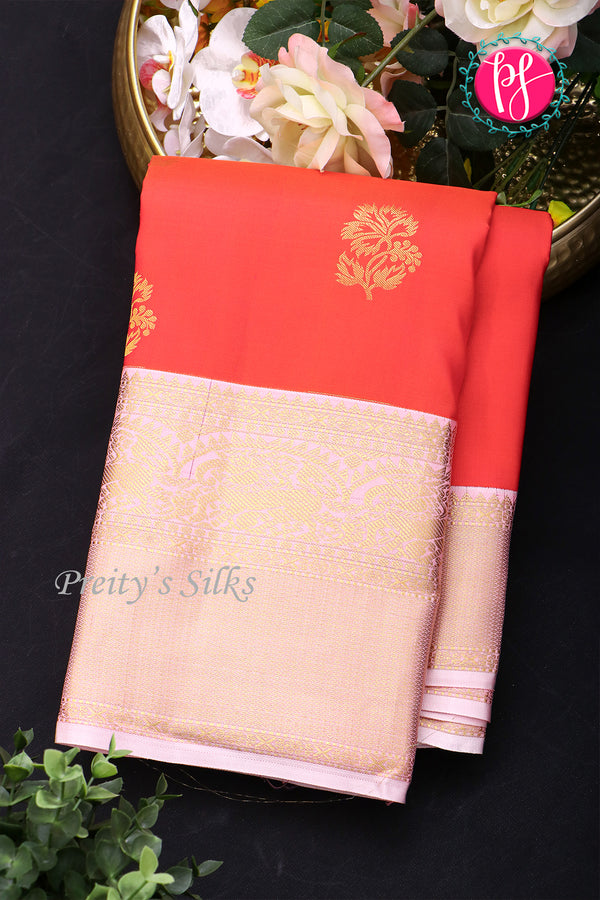 Pure Kanchipuram Silk Saree-Orange And Lightpink-PA23514