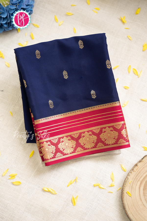Pure Mysore Crepe Silk Saree-Navyblue And Pink- PA56162