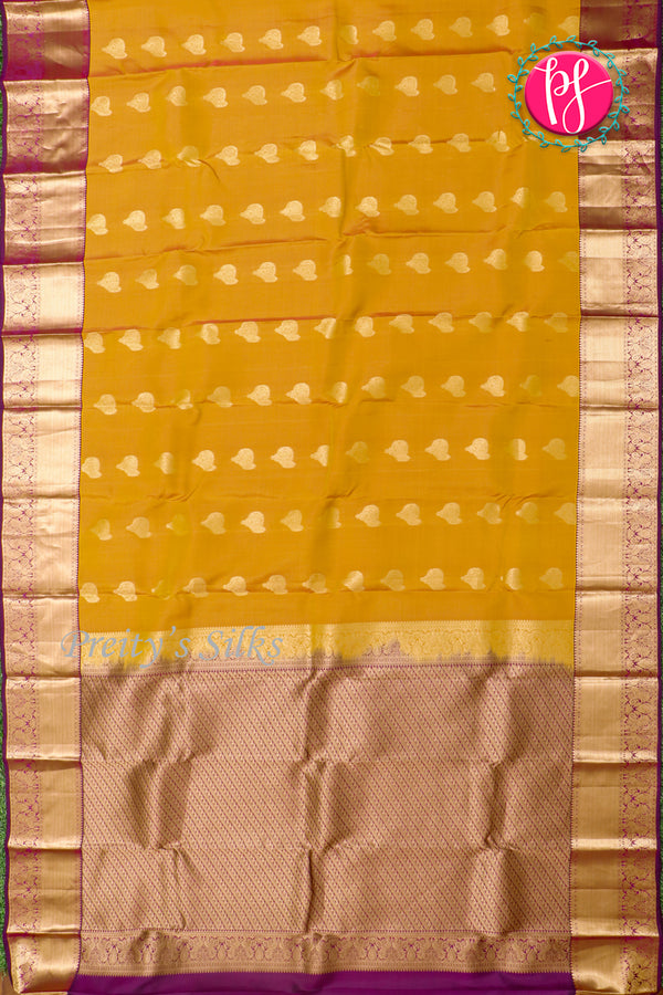 Half Pure Kanchipuram Silk Saree-Goldenyellow And Purple-PA25826