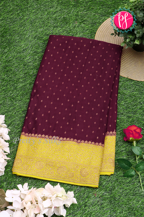 Pure Banarasi Crepe Silk Saree-Deepwine And Mustardyellow-PA22100