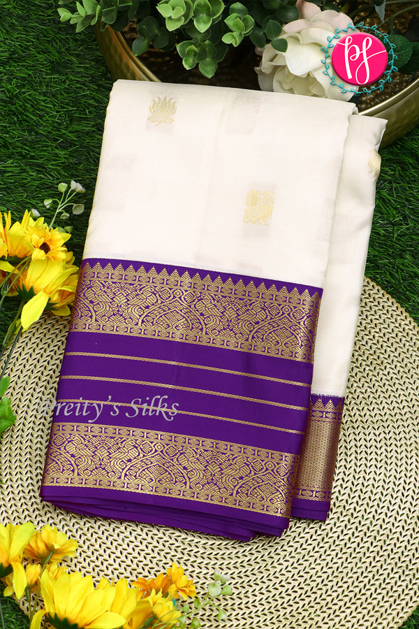 Pure Kanchipuram Silk Saree-White And Navyblue-PA23514