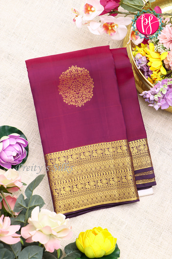 Half Pure Kanchipuram Silk Saree-Dark Magenta And Dark purple-PA25832