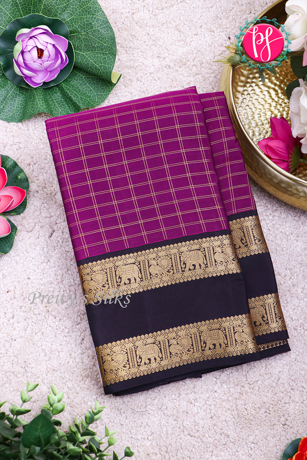 Half Pure Kanchipuram Silk Saree-Dark Magenta And Black- PA25960