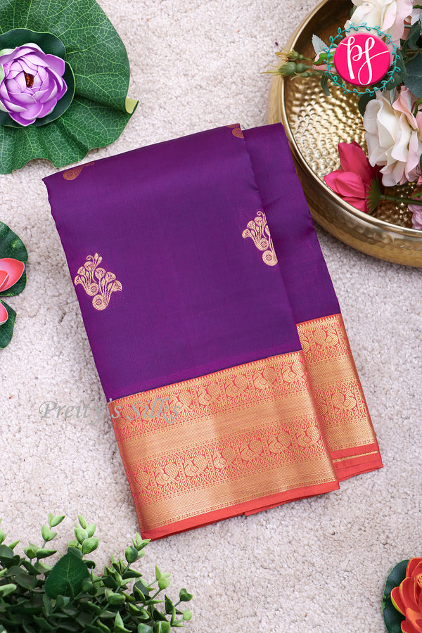 Half Pure Kanchipuram Silk Saree-Royal Violet And Sunset Orange-PA24684