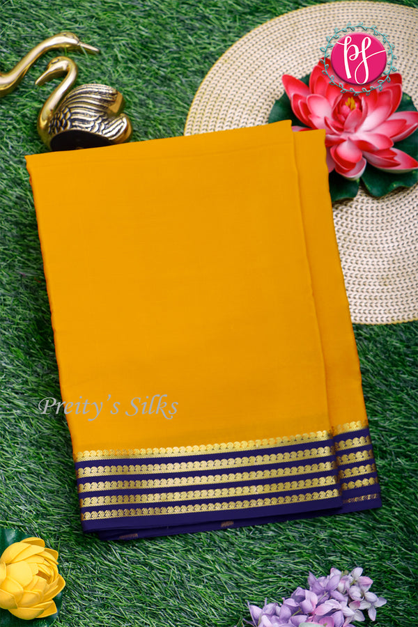 Pure Mysore Crepe Silk Saree-Mustardyellow And Navyblue-PA19960