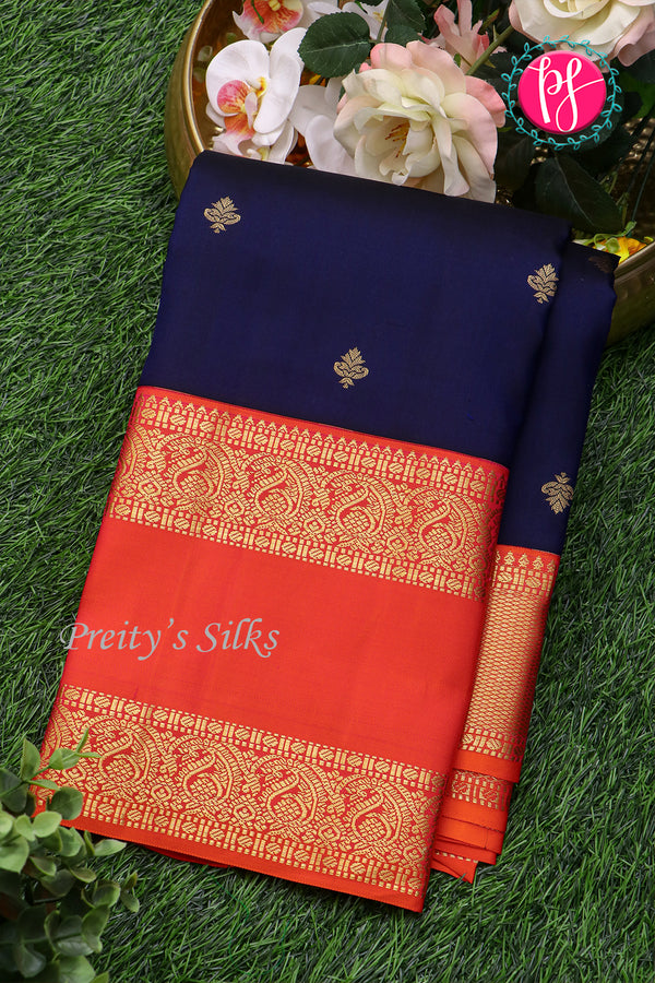 Pure Kanchipuram Silk Saree-Navyblue And Red-PA23514
