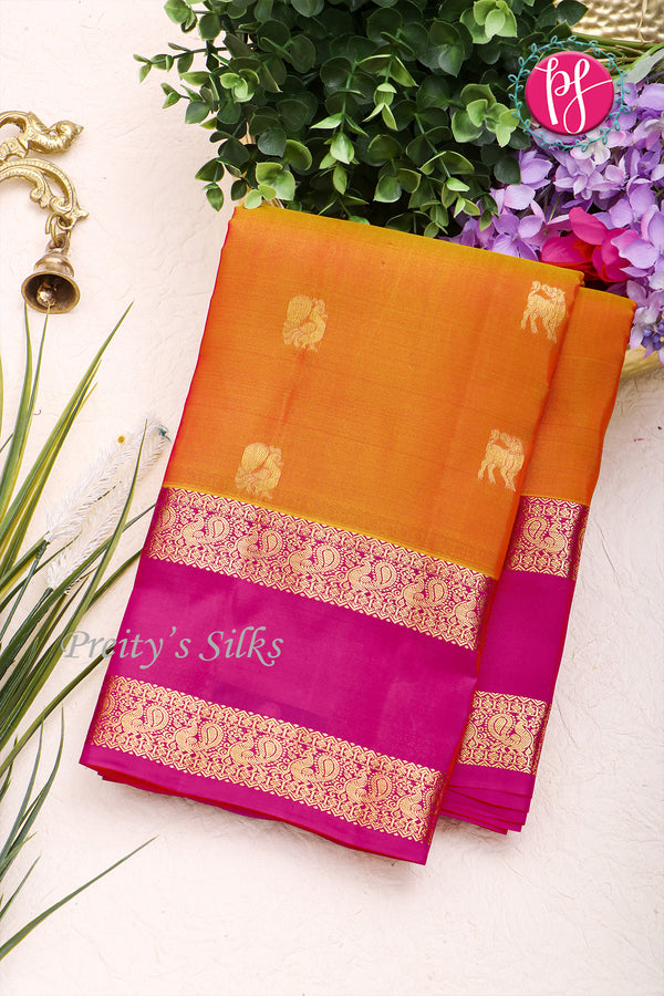 Half Pure Kanchipuram Silk Saree-Mustard yellow And Pink-PF04459