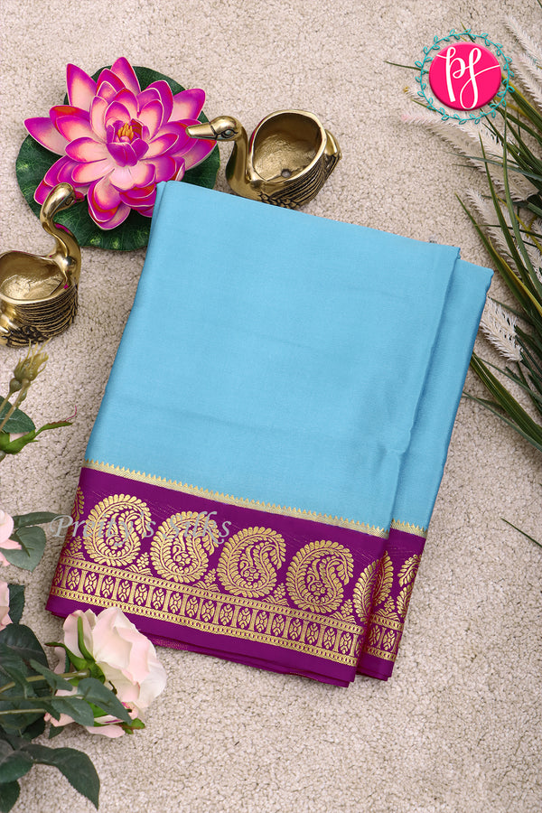 Pure Mysore Crepe Silk Saree-Sky Blue And Purple-PA20648