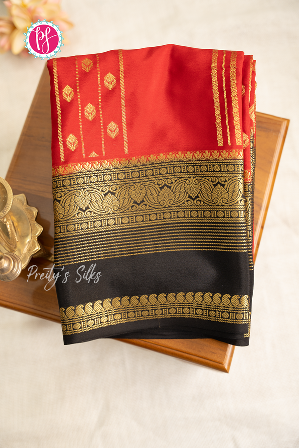 Pure Mysore Crepe Silk Saree-Red And Black-PA