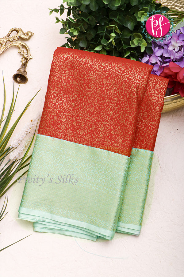 Half Pure Kanchipuram Silk Saree-Red And Skyblue-PF60538