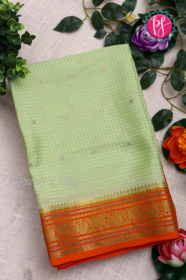 Pure Mysore Crepe Silk Saree -Pista Green With Orange-PF80566