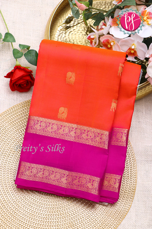 HalfPure Kanchipuram Silk Saree-Orange And Pink-PF59089