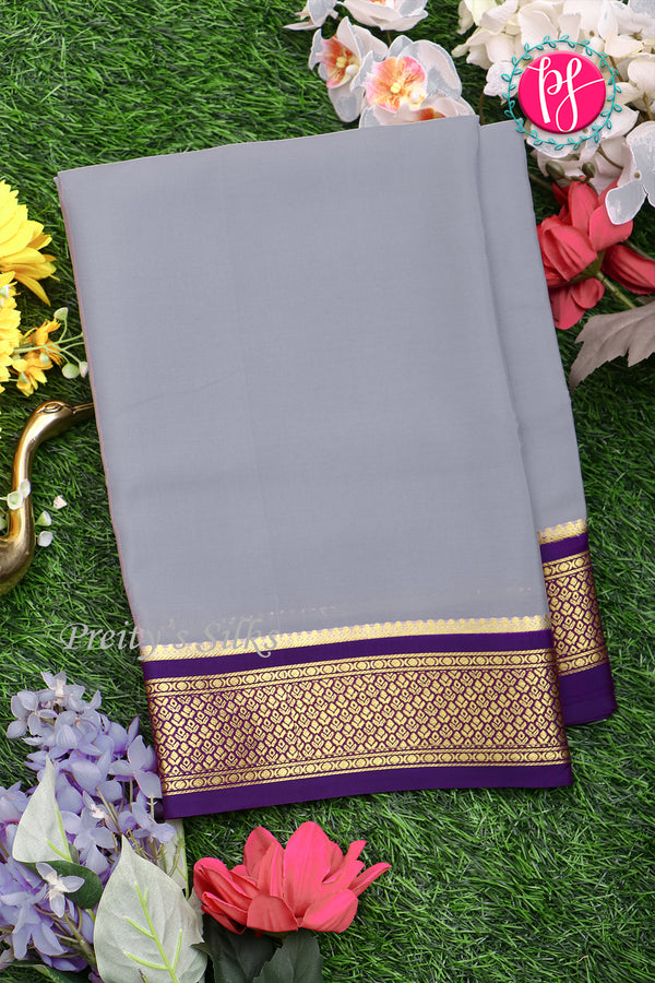 Pure Mysore Crepe Silk Saree-Grey And Purple-PA22355