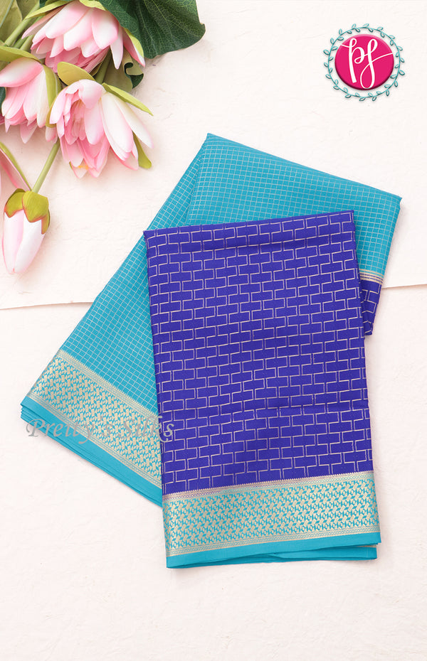 Pure Mysore Crepe Silk saree-Turquoise blue and Deep royal blue-PF60717