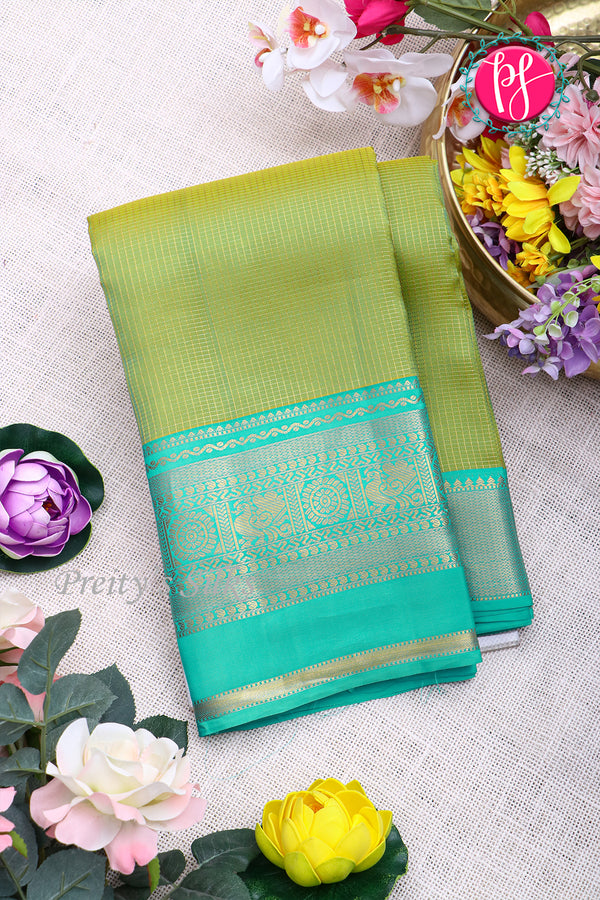 Half Pure Kanchipuram Silk Saree-Sage Green And Bright Turquoise-PA25832